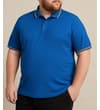 Thumbnail Model wearing bright blue tipped polo shirt, angled view.